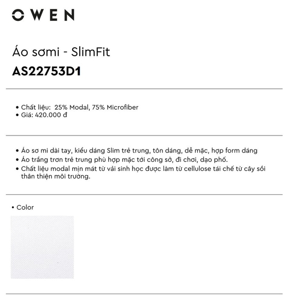Áo Sơ Mi Trắng Nam Tay Dài Owen AS221199D (AS230329D-AS240103D) Dáng Slim Fit Không Túi Ngực Màu Trắng Trơn Vải Sợi Sồi