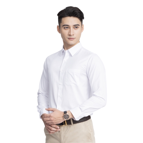 Áo Sơ Mi Trắng Nam Dài Tay Aristino ALSR39 màu trắng trơn chất liệu sợi sồi dáng regular fit có túi ngực