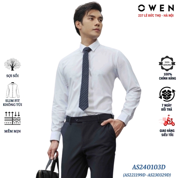 Áo sơ mi trắng nam Owen AS240103D – Slim Fit - dài tay - không túi ngực - vải sợi sồi (AS221199D -AS230329D)