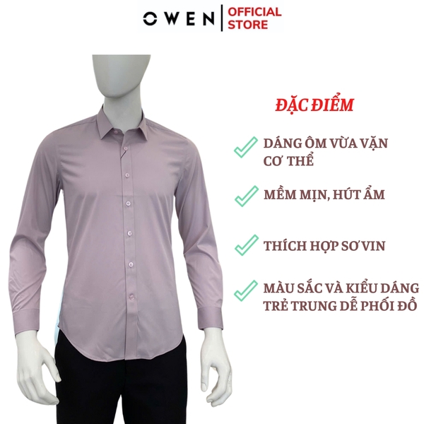 Áo sơ mi nam tay dài Owen AS250082D màu hồng nhạt dáng ôm slim fit tà lượn không túi chất liệu Bamboo spandex