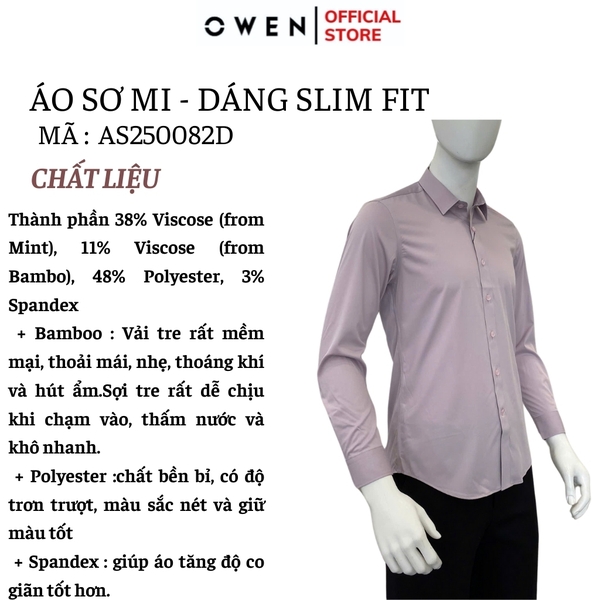 Áo sơ mi nam tay dài Owen AS250082D màu hồng nhạt dáng ôm slim fit tà lượn không túi chất liệu Bamboo spandex