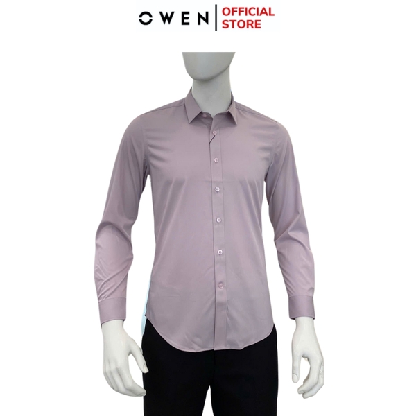 Áo sơ mi nam tay dài Owen AS250082D màu hồng nhạt dáng ôm slim fit tà lượn không túi chất liệu Bamboo spandex