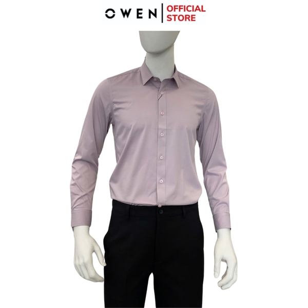 Áo sơ mi nam tay dài Owen AS250082D màu hồng nhạt dáng ôm slim fit tà lượn không túi chất liệu Bamboo spandex