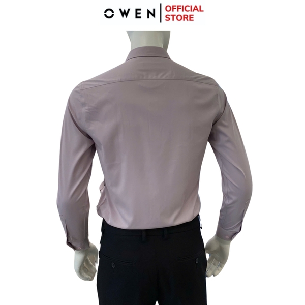Áo sơ mi nam tay dài Owen AS250082D màu hồng nhạt dáng ôm slim fit tà lượn không túi chất liệu Bamboo spandex