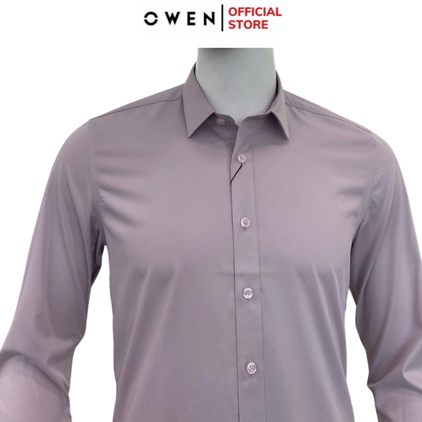 Áo sơ mi nam tay dài Owen AS250082D màu hồng nhạt dáng ôm slim fit tà lượn không túi chất liệu Bamboo spandex