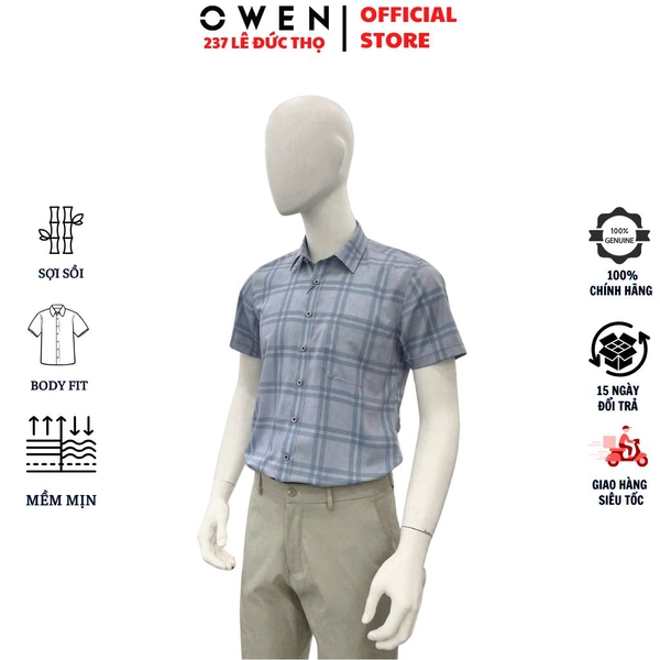Áo Sơ Mi Nam Tay Ngắn Owen AB260010NT Xanh Body Fit Có Túi