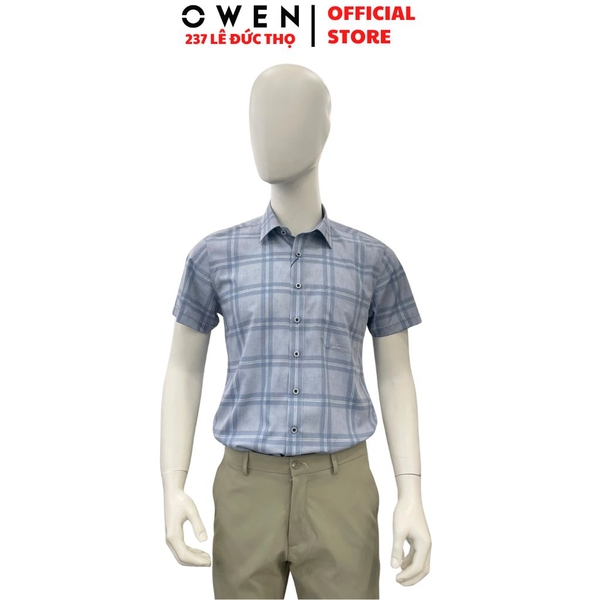 Áo Sơ Mi Nam Tay Ngắn Owen AB260010NT Xanh Body Fit Có Túi