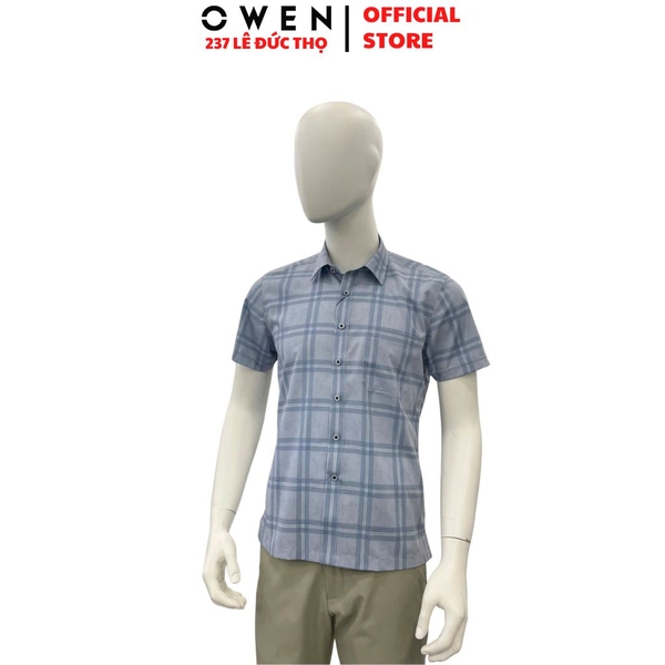 Áo Sơ Mi Nam Tay Ngắn Owen AB260010NT Xanh Body Fit Có Túi