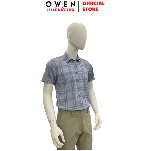 Áo Sơ Mi Nam Tay Ngắn Owen AB260010NT Xanh Body Fit Có Túi