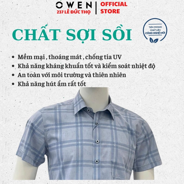 Áo Sơ Mi Nam Tay Ngắn Owen AB260010NT Xanh Body Fit Có Túi