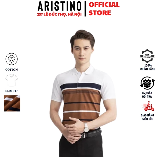 Áo Thun Polo Nam Cổ Bẻ Aristino APS128S3 màu Nâu 116 Kẻ Jacquard