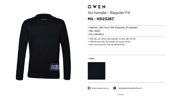 Áo Thun Nam Dài Tay OWEN HD23287 Màu Đen Trơn Dáng Regular Fit Chất Liệu Visco