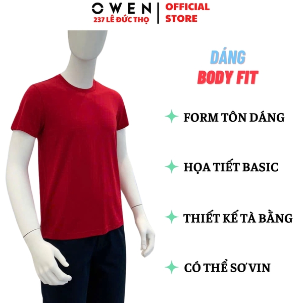 Áo Thun Nam Tay Ngắn Không Cổ Owen TSN233250 màu đỏ dáng suông tà bằng cổ tròn chất liệu cotton modal