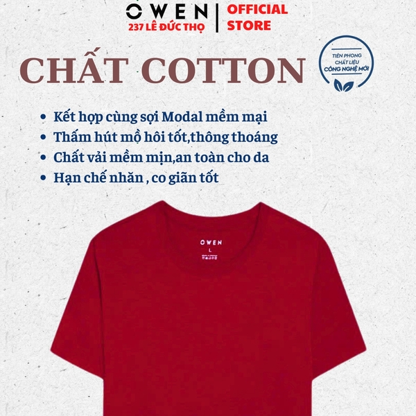 Áo Thun Nam Tay Ngắn Không Cổ Owen TSN233250 màu đỏ dáng suông tà bằng cổ tròn chất liệu cotton modal