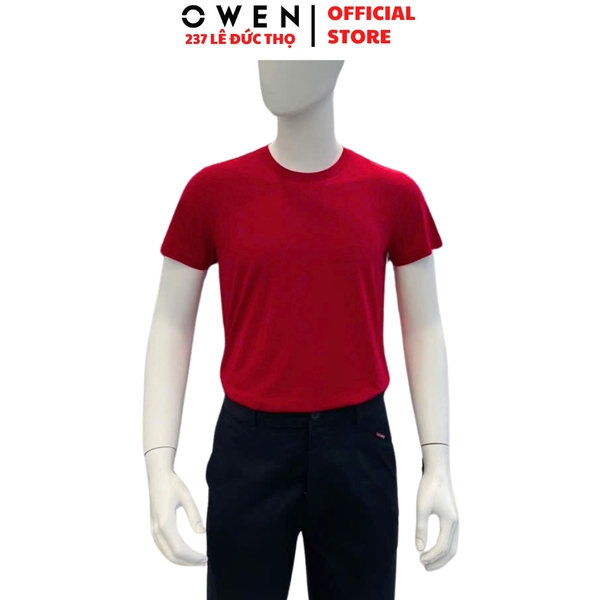 Áo Thun Nam Tay Ngắn Không Cổ Owen TSN233250 màu đỏ dáng suông tà bằng cổ tròn chất liệu cotton modal