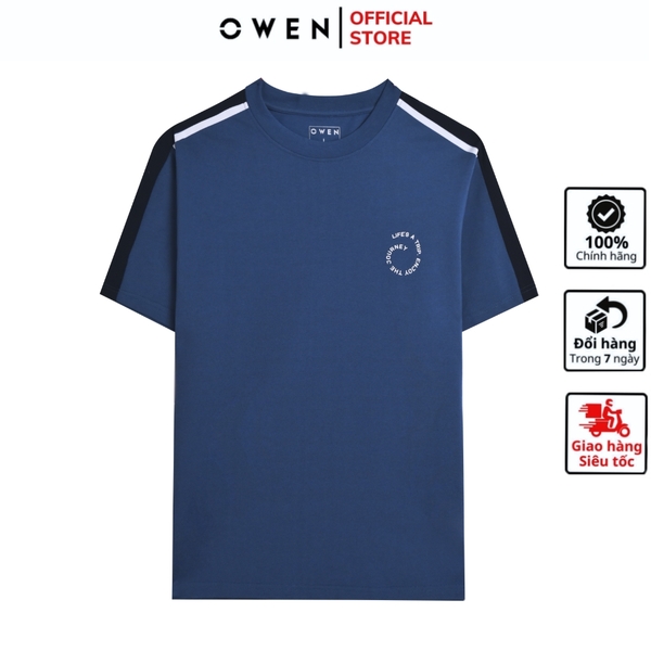 Áo Thun Nam Tay Ngắn Không Cổ Owen TSN253668 màu xanh dương dáng body fit tà bằng cổ tròn chất liệu cotton