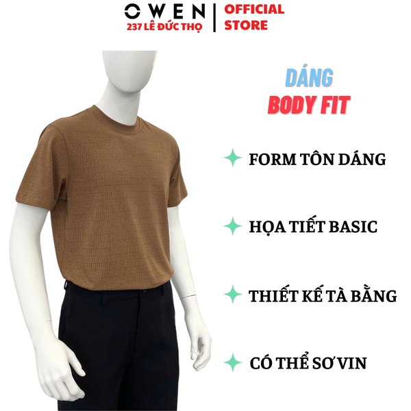 Áo Thun Nam Tay Ngắn Không Cổ Owen TSN253671 màu nâu dáng body fit tà bằng Chất liệu CVC Spandex