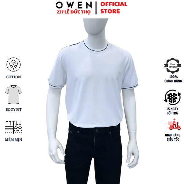 Áo Thun Nam Tay Ngắn Không Cổ Owen TSN253672 màu trắng phối xanh dáng suông tà bằng cổ tròn chất liệu cotton