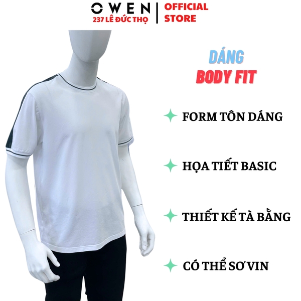 Áo Thun Nam Tay Ngắn Không Cổ Owen TSN253672 màu trắng phối xanh dáng suông tà bằng cổ tròn chất liệu cotton