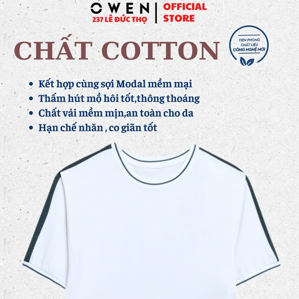 Áo Thun Nam Tay Ngắn Không Cổ Owen TSN253672 màu trắng phối xanh dáng suông tà bằng cổ tròn chất liệu cotton
