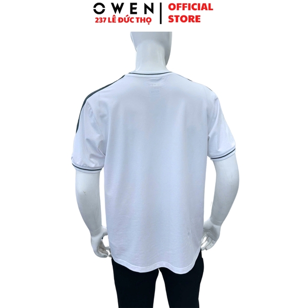 Áo Thun Nam Tay Ngắn Không Cổ Owen TSN253672 màu trắng phối xanh dáng suông tà bằng cổ tròn chất liệu cotton