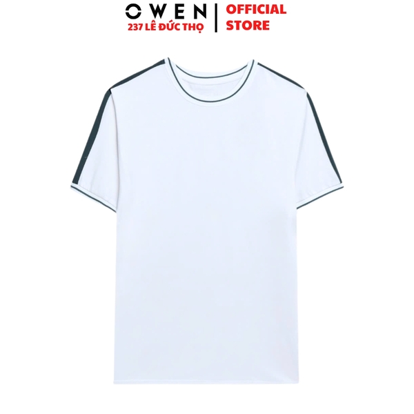 Áo Thun Nam Tay Ngắn Không Cổ Owen TSN253672 màu trắng phối xanh dáng suông tà bằng cổ tròn chất liệu cotton