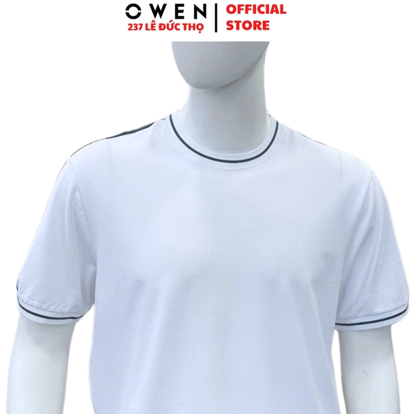 Áo Thun Nam Tay Ngắn Không Cổ Owen TSN253672 màu trắng phối xanh dáng suông tà bằng cổ tròn chất liệu cotton