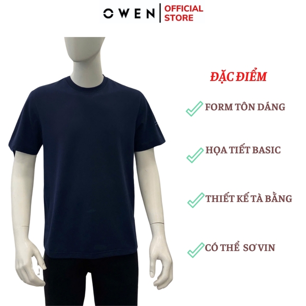 Áo Thun Nam Tay Ngắn Không Cổ Owen TSN253673 màu xanh tím than dáng body fit tà bằng cổ tròn chất liệu cotton