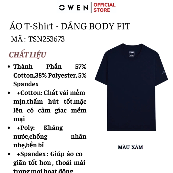 Áo Thun Nam Tay Ngắn Không Cổ Owen TSN253673 màu xanh tím than dáng body fit tà bằng cổ tròn chất liệu cotton
