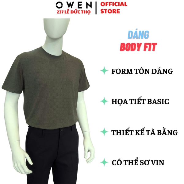 Áo Thun Nam Tay Ngắn Không Cổ Owen TSN253674 màu rêu dáng body fit tà bằng Chất liệu CVC Spandex