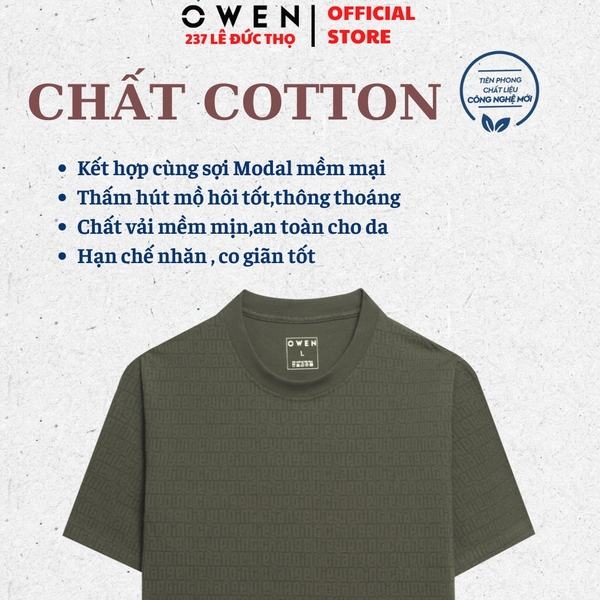 Áo Thun Nam Tay Ngắn Không Cổ Owen TSN253674 màu rêu dáng body fit tà bằng Chất liệu CVC Spandex