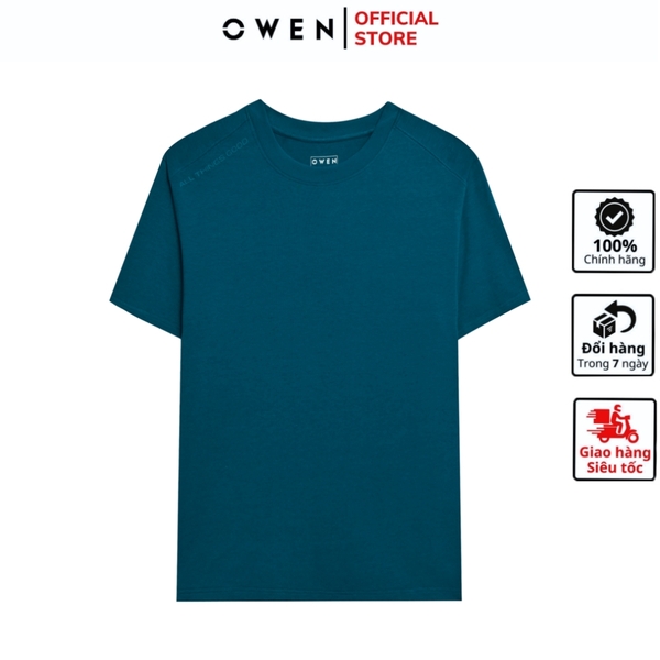 Áo Thun Nam Tay Ngắn Không Cổ Owen TSN253675 màu xanh cổ vịt dáng relax fit cổ tròn chất liệu cotton modal