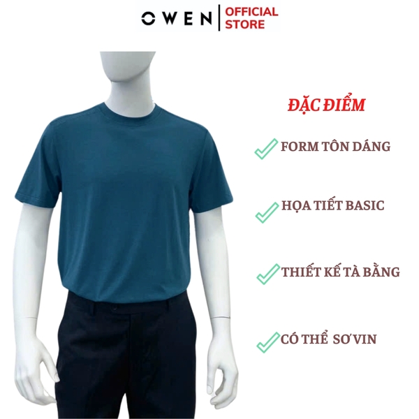 Áo Thun Nam Tay Ngắn Không Cổ Owen TSN253675 màu xanh cổ vịt dáng relax fit cổ tròn chất liệu cotton modal