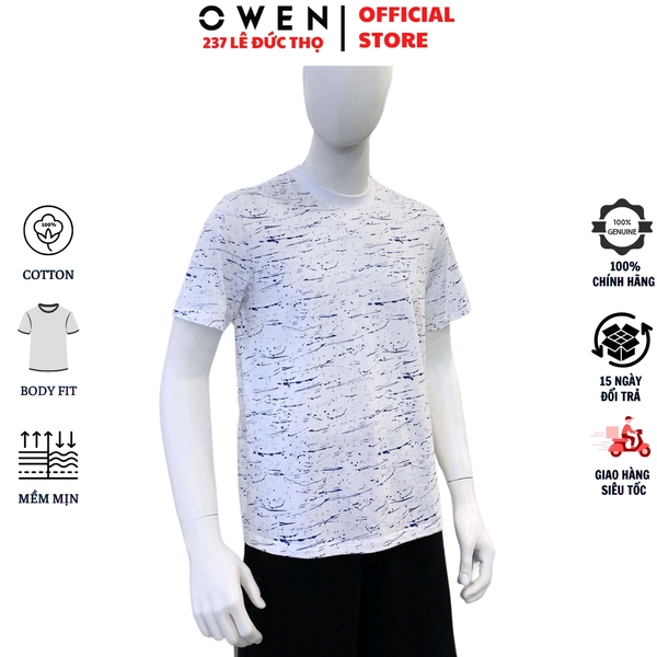 Áo Thun Nam Tay Ngắn Không Cổ Owen TSN253679 màu trắng in họa tiết dáng suông cổ tròn Chất liệu cotton