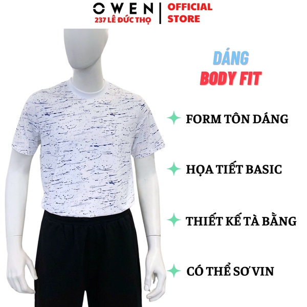 Áo Thun Nam Tay Ngắn Không Cổ Owen TSN253679 màu trắng in họa tiết dáng suông cổ tròn Chất liệu cotton