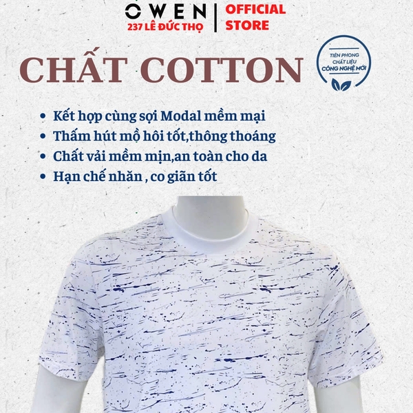 Áo Thun Nam Tay Ngắn Không Cổ Owen TSN253679 màu trắng in họa tiết dáng suông cổ tròn Chất liệu cotton