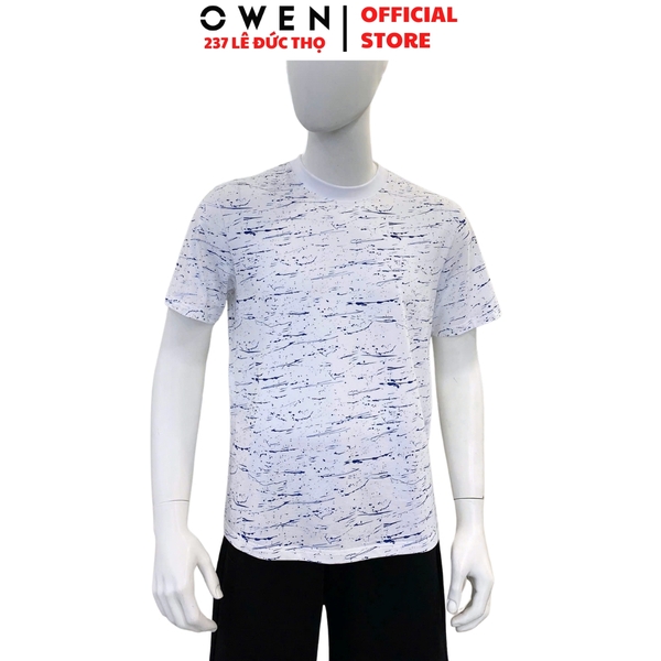 Áo Thun Nam Tay Ngắn Không Cổ Owen TSN253679 màu trắng in họa tiết dáng suông cổ tròn Chất liệu cotton