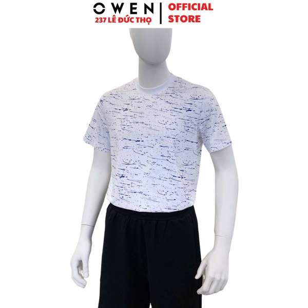 Áo Thun Nam Tay Ngắn Không Cổ Owen TSN253679 màu trắng in họa tiết dáng suông cổ tròn Chất liệu cotton