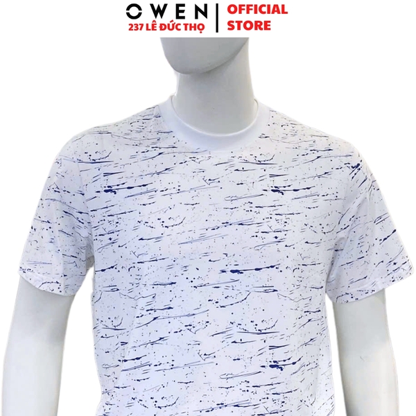 Áo Thun Nam Tay Ngắn Không Cổ Owen TSN253679 màu trắng in họa tiết dáng suông cổ tròn Chất liệu cotton
