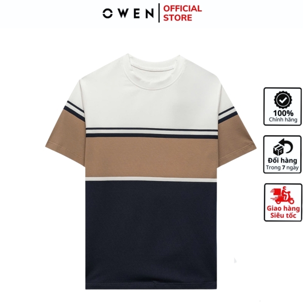 Áo thun nam Tay Ngắn Không Cổ Owen TSN253681 phối màu trắng đen be dáng body fit cổ tròn chất liệu cotton spandex