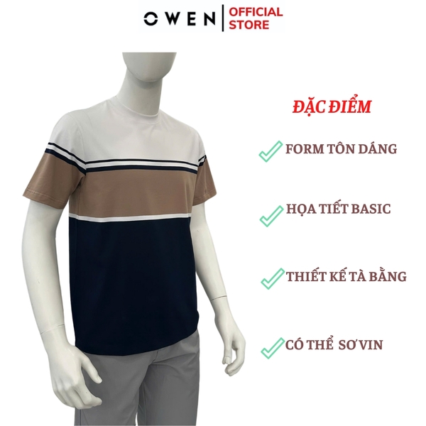 Áo thun nam Tay Ngắn Không Cổ Owen TSN253681 phối màu trắng đen be dáng body fit cổ tròn chất liệu cotton spandex
