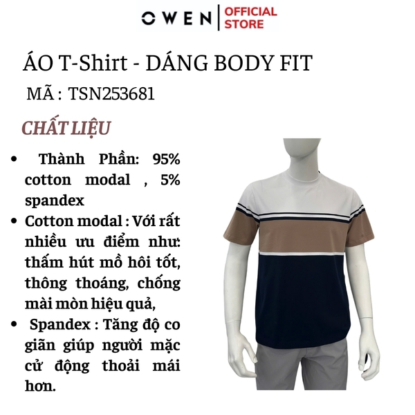 Áo thun nam Tay Ngắn Không Cổ Owen TSN253681 phối màu trắng đen be dáng body fit cổ tròn chất liệu cotton spandex