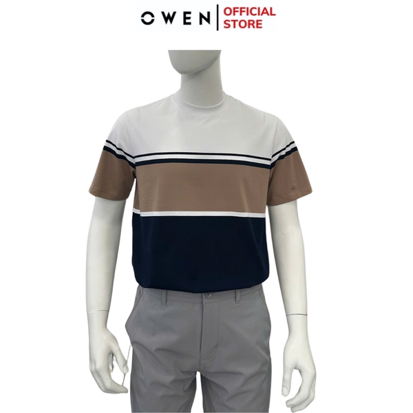 Áo thun nam Tay Ngắn Không Cổ Owen TSN253681 phối màu trắng đen be dáng body fit cổ tròn chất liệu cotton spandex