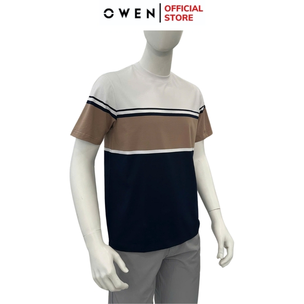 Áo thun nam Tay Ngắn Không Cổ Owen TSN253681 phối màu trắng đen be dáng body fit cổ tròn chất liệu cotton spandex
