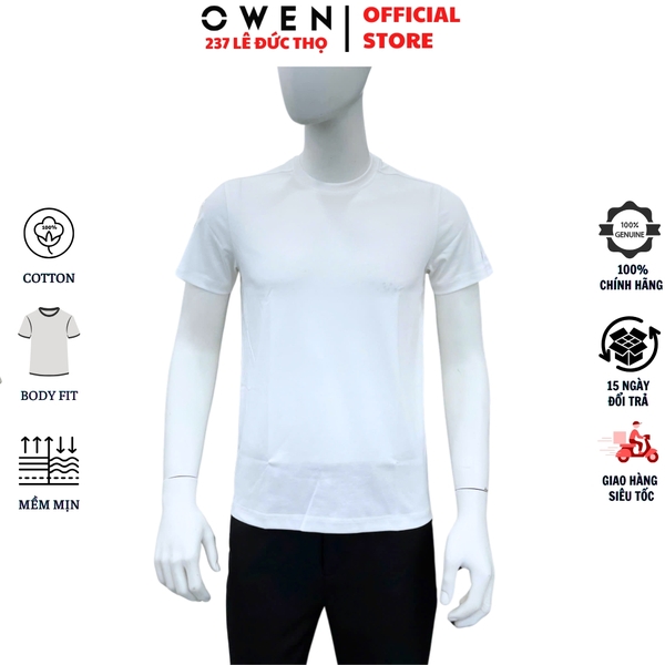 Áo thun nam Tay Ngắn Không Cổ Owen TSN260128 màu trắng dáng suông regular fit cổ tròn chất liệu cotton
