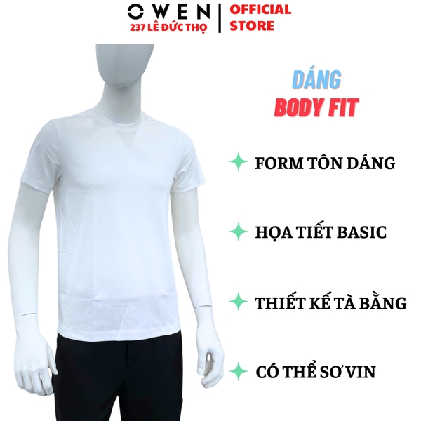 Áo thun nam Tay Ngắn Không Cổ Owen TSN260128 màu trắng dáng suông regular fit cổ tròn chất liệu cotton