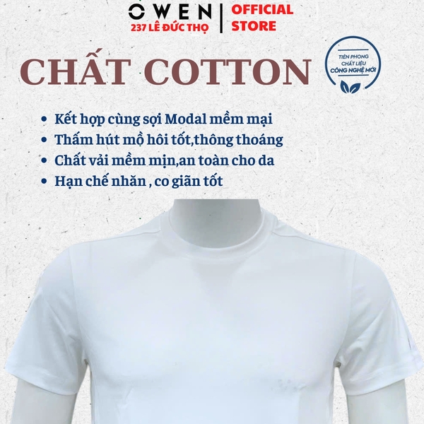 Áo thun nam Tay Ngắn Không Cổ Owen TSN260128 màu trắng dáng suông regular fit cổ tròn chất liệu cotton