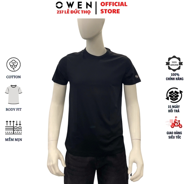 Áo thun nam Tay Ngắn Không Cổ Owen TSN260129 màu đen dáng suông regular fit cổ tròn chất liệu cotton