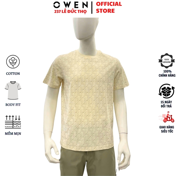 Áo thun nam Tay Ngắn Không Cổ Owen TSN260135 màu be dáng suông relax fit cổ tròn chất liệu cotton spandex