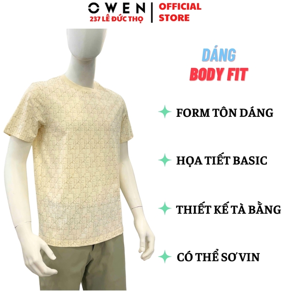 Áo thun nam Tay Ngắn Không Cổ Owen TSN260135 màu be dáng suông relax fit cổ tròn chất liệu cotton spandex